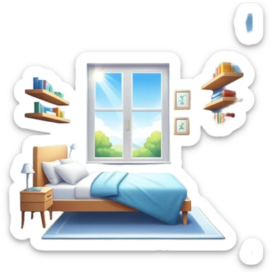 sparkling clean room with a made bed, neat shelves, and sunlight through the window sticker
