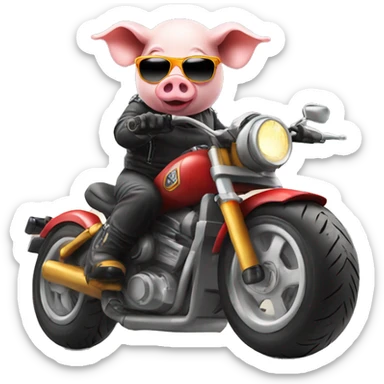 Pig on motorbike, wearing sunglasses and a helmet sticker
