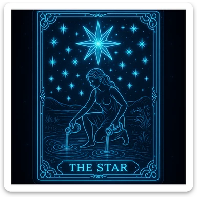 a tarot card in neon blue, glowing, mystical, intricate details, dark background sticker