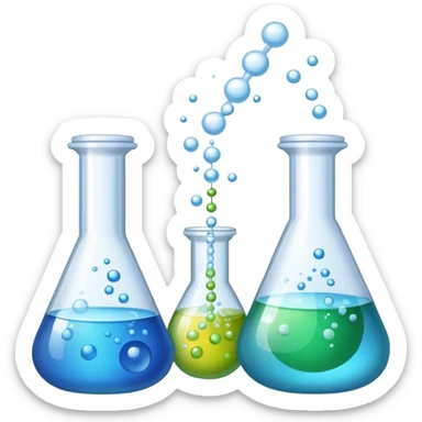 An icon featuring laboratory flasks with tubes, symbolizing chemistry. The design includes liquid and powder substances, a chemical reaction with bubbles, and molecular formulas, representing chemical processes like hydrolysis. Transparent background sticker