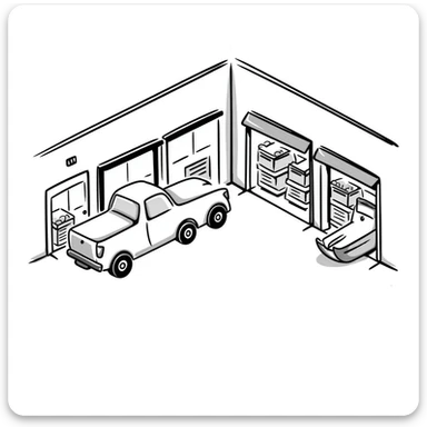 isometric view of an industrial warehouse with loading bay doors, a few parked trucks, and storage shelves visible through open doors sticker