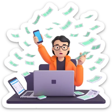 person holding a phone in one hand, laptop open in front, storm of receipts, invoices, and reminders swirling around, multitasking chaos sticker