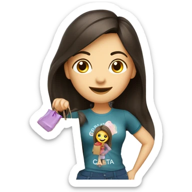 Beautiful woman with long dark hair with shopping bag and on the shopping bag Inscription CAPUSTA sticker