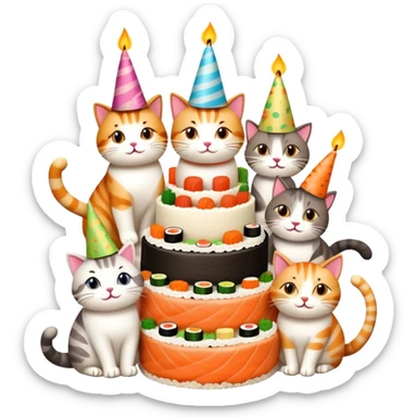 six happy cats wearing party hats celebrating a birthday party around a large cake made entirely of sushi with a candle on top sticker