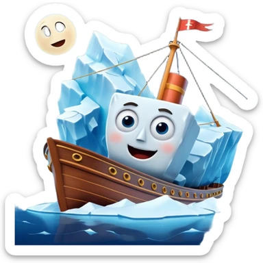 Apple Memoji style: cartoon Titanic ship with big shocked eyes, open mouth, sailing toward a giant smiling iceberg with a mischievous look, glossy icy white-blue, Pixar-level 3D, cartoon realism, calm dark blue sea, moonlit sky, vivid colors, soft shadows, glossy finish. sticker