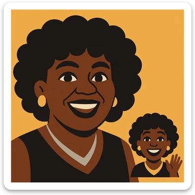Create another emoji of this lady using a color palette of black, silver, gold, and white. Show her waving, with joyful expression and matching hairstyle, in a vibrant toon style. sticker