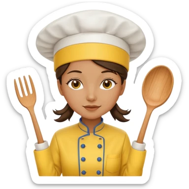 a woman chef wearing a bright yellow chef uniform with hat sticker