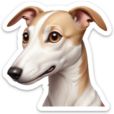 Cinematic Cute White and Brown Greyhound Portrait Emoji, Head tilted playfully and inquisitively, featuring a smooth white Fur with vibrant brown accents and round, sparkling eyes filled with curiosity, Simplified yet irresistibly adorable features, highly detailed, glowing with a warm, friendly glow, high shine, affectionate and nimble, stylized with a touch of whimsy, bright and endearing, soft glowing outline, capturing the essence of a mischievous yet loving racer, so playful it feels like it could sprint out of the screen and into your arms! sticker