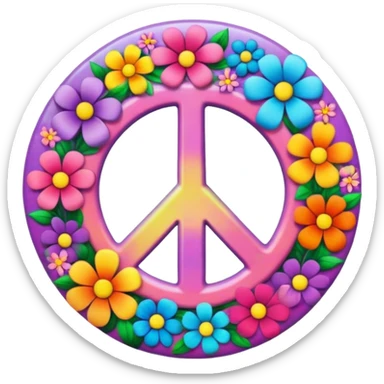 A round psychedelic colored button with a peace sign and flowers in the center sticker