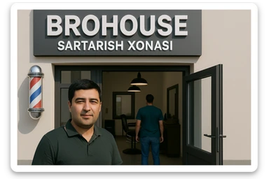 eni shu rasimga manashu odamga uxhshasin sartaosh eshik oldida tursin va tashqarida esa mijoz rasm esa 16 ga 9 bulsin 1920x1080 sticker