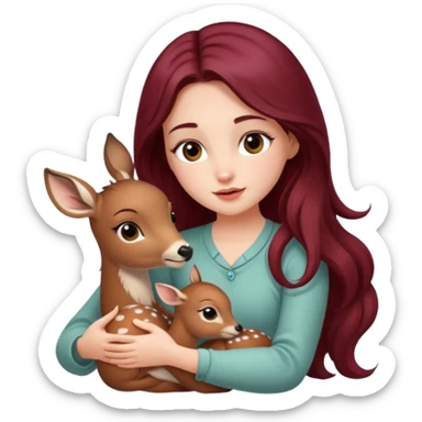 Beautiful burgundy long haired girl petting baby deer sticker