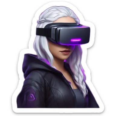 Daenerys Targaryen wearing a black hoodie with "OMG" letters on it and VR headset in a cyberpunk VR environment with violet neon lighting. sticker