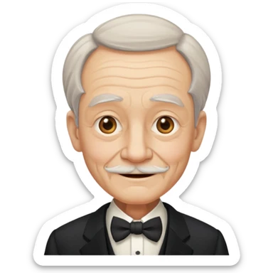 old man in formal attire, bearing a small ironic smile sticker