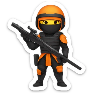 ninja with a halo above their head, two guns on their back, orange visor sticker