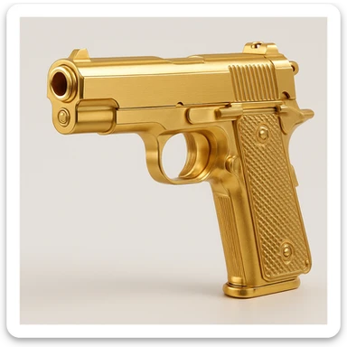 a golden gun, ornate and reflective, in gold objects style sticker