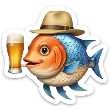 fish holding a beer and wearing a hat sticker