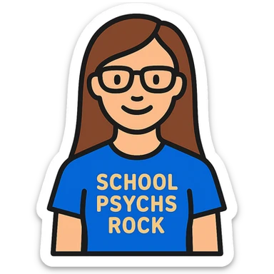Create a color outline icon of this person wearing a t-shirt that says 'school psychs rock'. The style should be friendly and approachable with clear text and a modern icon style. sticker