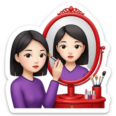 A chinese girl is prettying herself in front of mioor sticker