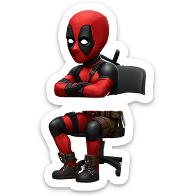 Cute Deadpool sitting at a desk, front view sticker