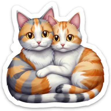 grey and white cat cuddling a colourful light patched calico + white tabby cat sticker