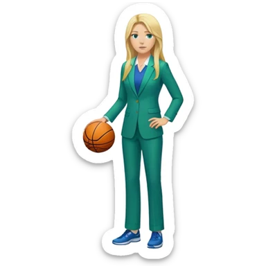 Full Body white female basketball head coach with long blonde hair in a blue and green suit sticker