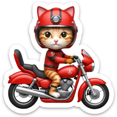 Cat on red and black motorcycle with helmet sticker