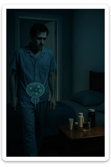 A cinematic night scene showing a man in his late 30s walking stanco verso il bagno in penombra, con la luce fioca che filtra da sotto la porta. Indossa abiti da notte sgualciti, ha un’espressione stanca e il volto scavato dalla mancanza di sonno. Sul comodino accanto al letto ci sono creme mediche, integratori e un bicchiere d’acqua. Una leggera sovrapposizione simbolica mostra, in trasparenza sul corpo, un’area anatomica maschile con presenza di microrganismi parassitari (raffigurati in stile medico-scientifico, non grottesco). Il contrasto visivo fa capire che la causa della nicturia è interna e nascosta, non visibile all’occhio umano. Illuminazione fredda, stile 35mm con profondità emotiva e sottile tensione clinica. sticker