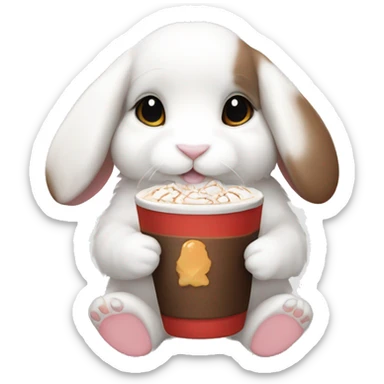 White mini lop drinking marshmallow hot chocolate  sticker