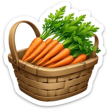 Cinematic vibrant orange carrot, crisp and fresh, slightly twisted with green leafy tops, arranged in a rustic wooden basket, natural and inviting. sticker