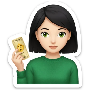 A girl with a single tuft of black hair, brown eyes, a green sweater, and theater tickets in her hands sticker
