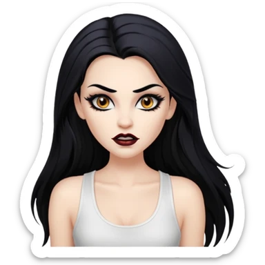 White woman with a white tank top long black hair glossy middle part long hair vamp look with fangs brown eyes eyeliner winged with lashes top and bottom white border big lips black eyebrows sticker