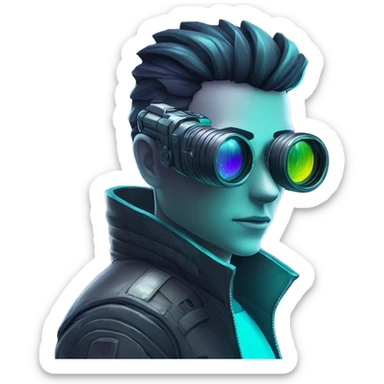 Secret human agent with  cyberpunk elements with a spyglass scanning looking reviewing multicolor lines of code, cyan and purple colors, only upper body portrait sticker