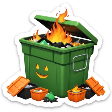 Green dumpster with a black partially open lid. surrounded by pieces of trash on the ground arount it. orange flames are buring lare an bright inside the dumpster. dumpster is smiling sticker