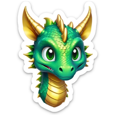 Cinematic Cute Dragon Portrait Emoji, Head tilted playfully and inquisitively, featuring a sleek, serpentine form adorned with iridescent scales that shift between emerald and gold, a delicate set of subtle horns, and round, sparkling eyes full of curious magic; rendered with realistic detail and warm natural light, high shine, affectionate and enchanting, styled with a touch of whimsical fantasy, soft glowing outline, capturing the essence of a mischievous yet lovable dragon that seems poised to slither playfully into your arms! sticker