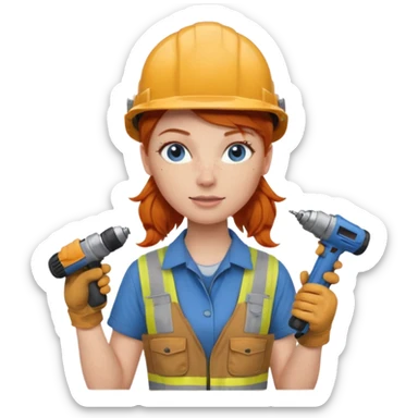 A ginger haired girl blue eyes, handyman Outfit, wearing a Helmet, with drill sticker