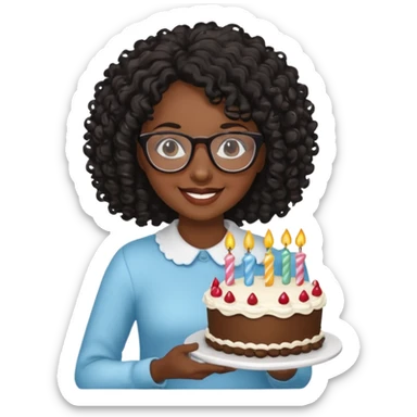 A Black woman with curly black hair and glasses holding a birthday cake. Can you make it a more basic emoji? sticker