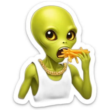 a yellow alien with gold jewelry eating carrots and french fries sticker