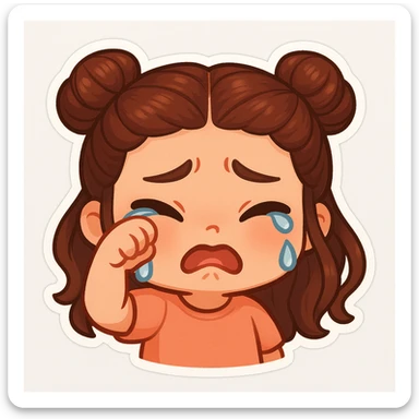 Create a chibi sticker of the girl from the reference image. She is crying with a pouty face, wiping away a tear, cute and expressive, with her signature double bun hairstyle. sticker