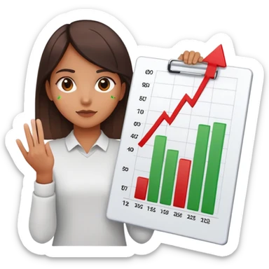 Girl holding chart with rising green graph line in right hand and holding another chart with falling red graph line in left hand sticker