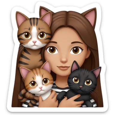 tan girl with long brown hair holding two cats, one black cat and one grey-striped cat sticker