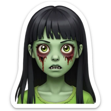Zombie emoji girl, light green skin, black straight long hair with bangs sticker
