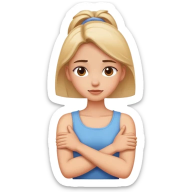girl arms crossed holding her neck sticker