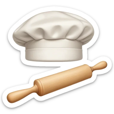 Cinematic Realistic Chef Hat & Rolling Pin, crisp white cotton hat with soft folds, resting beside a classic wooden rolling pin with smooth, polished curves, a light dusting of flour adding authenticity, warm kitchen lighting casting gentle shadows, glowing with a cozy and inviting charm. sticker