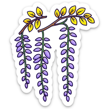 Decorative wisteria flower with elegant drooping clusters of purple blossoms and small bright green leaves sticker