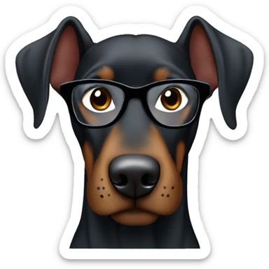 black Doberman with brown spots in a gray sweatshirt and wearing glasses with black frames, positive sticker
