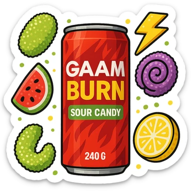 Gaam Burn 240 G Sour, with sour candy elements, digital illustration, no background sticker