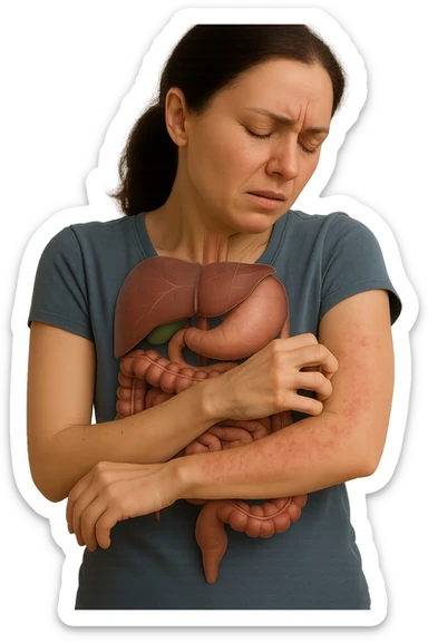 donna con intestino umano anatomico realistico che si gratta il braccio su cui ha un'eritema, iperrealistica 4k sticker