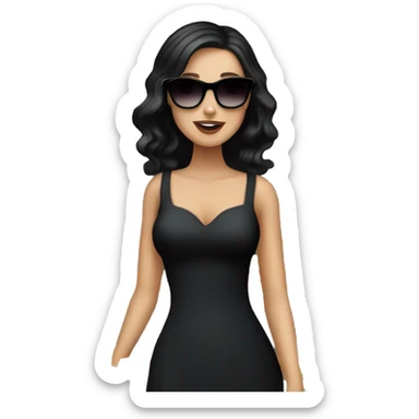 white girl with black hair shopping with a fancy black dress and sunglasses on sticker