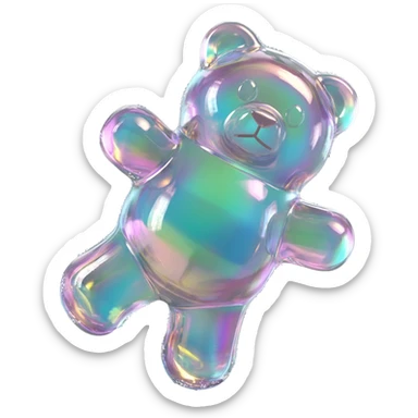 hyper-realistic 3D rendering of a translucent,  glistening iridescent holographic gummy bear mid-bounce, its plump body captured in dynamic motion as if frozen in time. The surface refracts light like real gelatin, with sticky highlights gleaming along its curved edges and subtle sugar granules  sticker