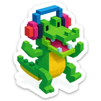 crocodile with headphones dancing, isometric view, voxel style sticker